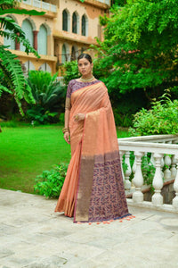 Thumbnail for Vishnu Weaves Women's Orange Linen Cotton Bandhani Woven Saree with Blouse - Distacart