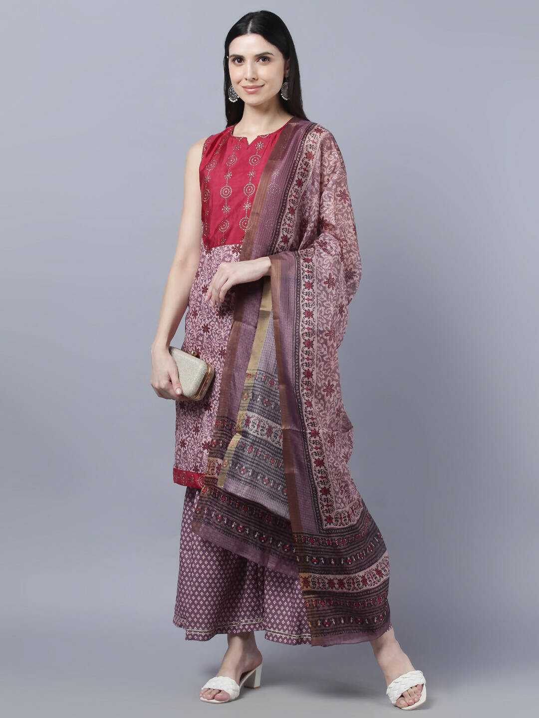 Myshka Women Multicoloured Embroidered Panelled Kurti with Palazzos With Dupatta - Distacart
