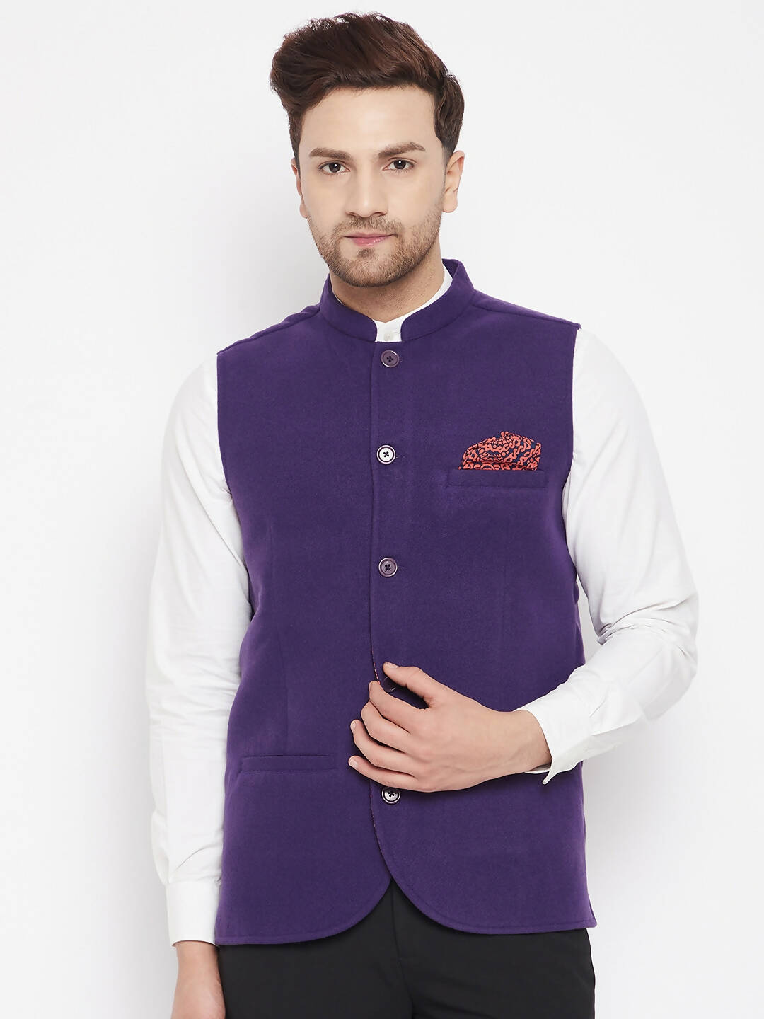 Even Apparels Purple Wool Men's Nehru Jacket-Contrast Lining-Inbuilt Pocket Square - Distacart
