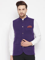 Thumbnail for Even Apparels Purple Wool Men's Nehru Jacket-Contrast Lining-Inbuilt Pocket Square - Distacart