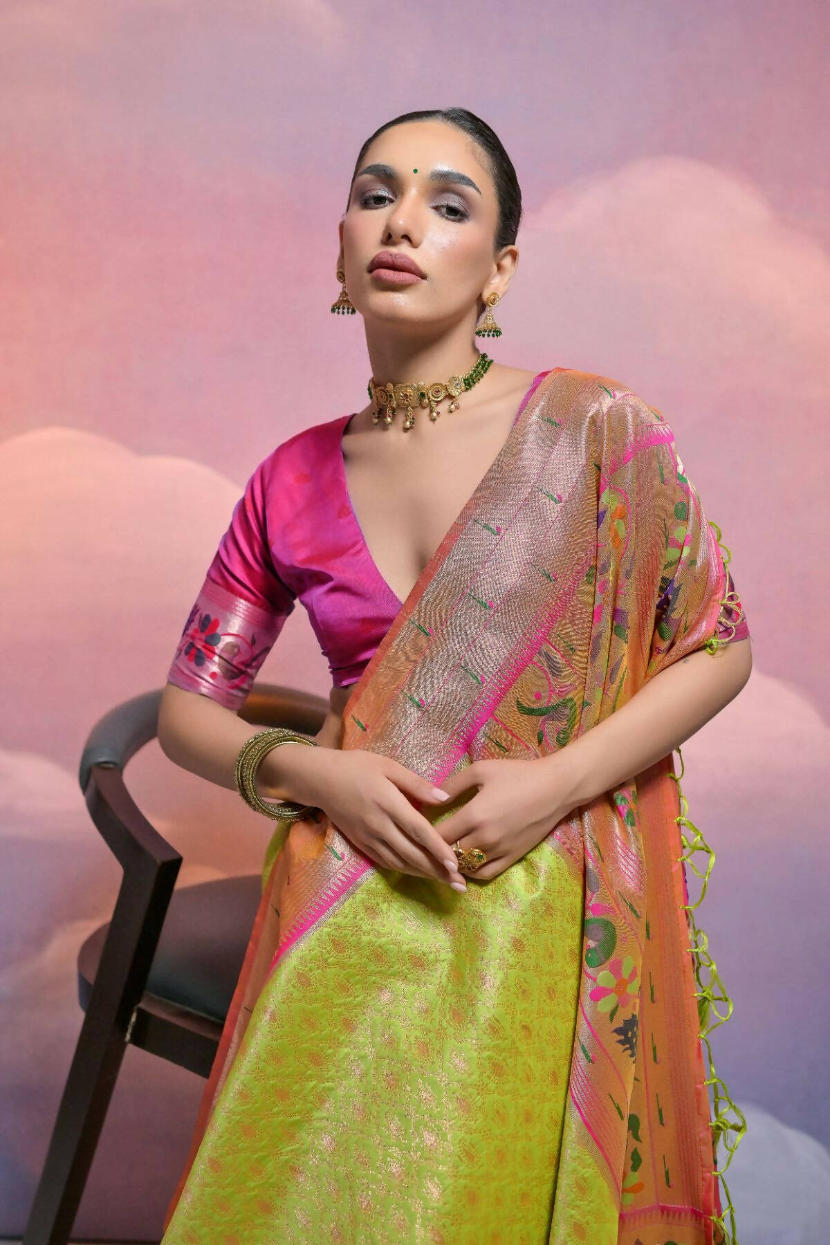 Vishnu Weaves Women's Mahendi Paithani Silk Zari Woven Saree with Blouse - Distacart