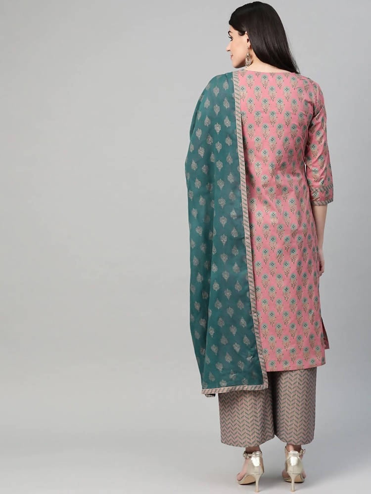 Yufta Women Pink & Blue Printed Kurta with Palazzo & Dupatta