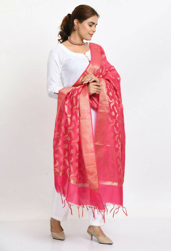 Mominos Fashion Moeza Women's Banarsi Silk Floral Woven Design Pink Dupatta - Distacart