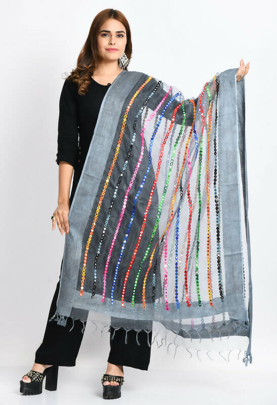 Mominos Fashion Moeza Women's Orgenza Multi Thread Mirror Work Grey Dupatta - Distacart
