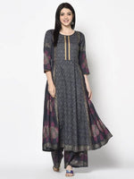 Thumbnail for Aniyah Rayon Dark Grey Color Block Print Anarkali Palazzo Set (AN-199K)