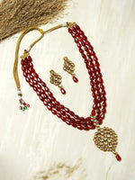 Thumbnail for Gold-Plated White Maroon Kundan Studded Beaded Handcrafted Jewellery Set - Ruby Raang - Distacart
