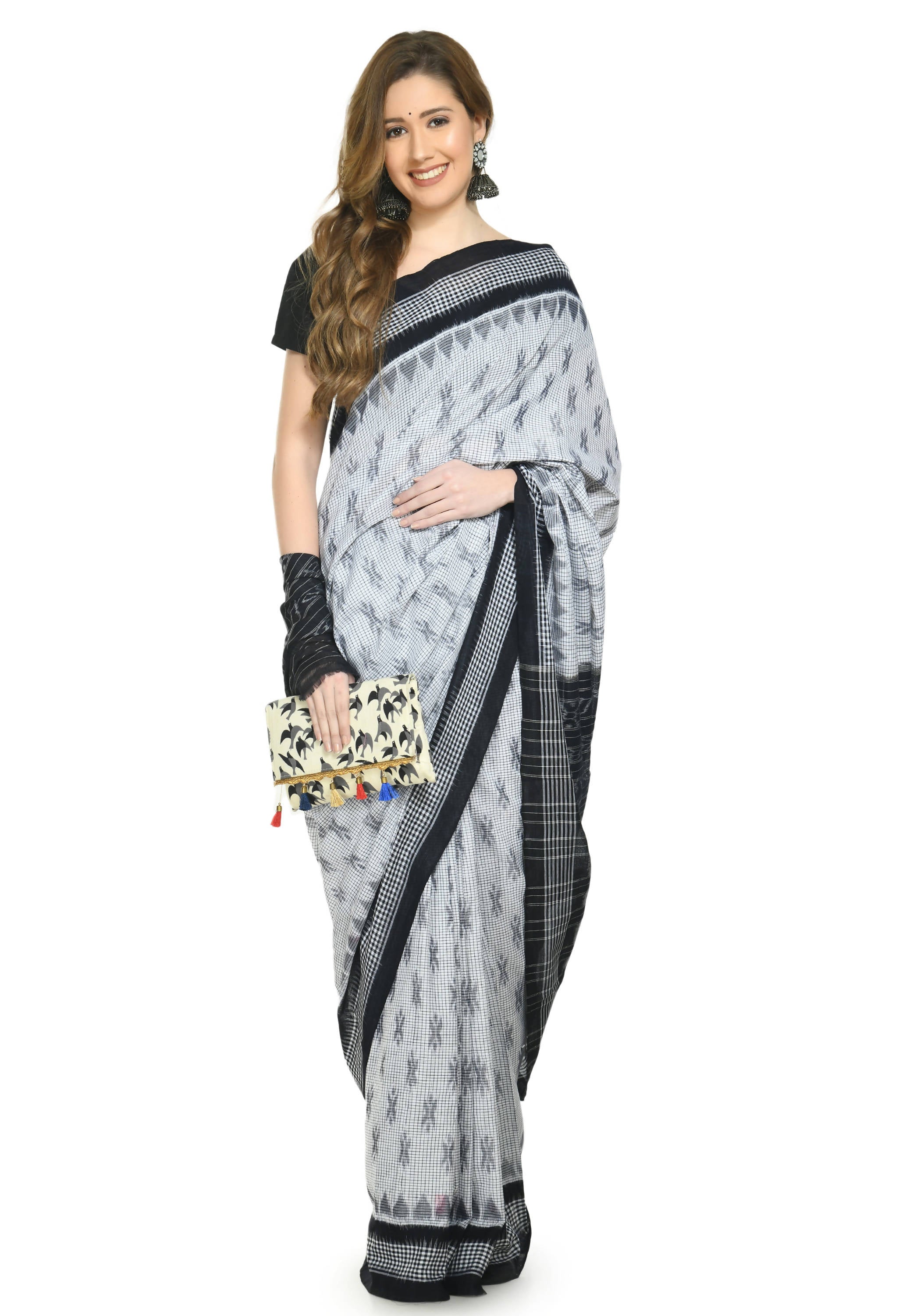 Vamika Sambalpuri Ikat Cotton Dehabandha White & Black Checks Saree - Distacart
