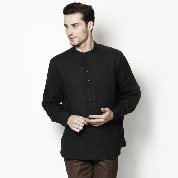 Even Apparels Black Linen Linen Men's Kurta With Band Collar - Distacart