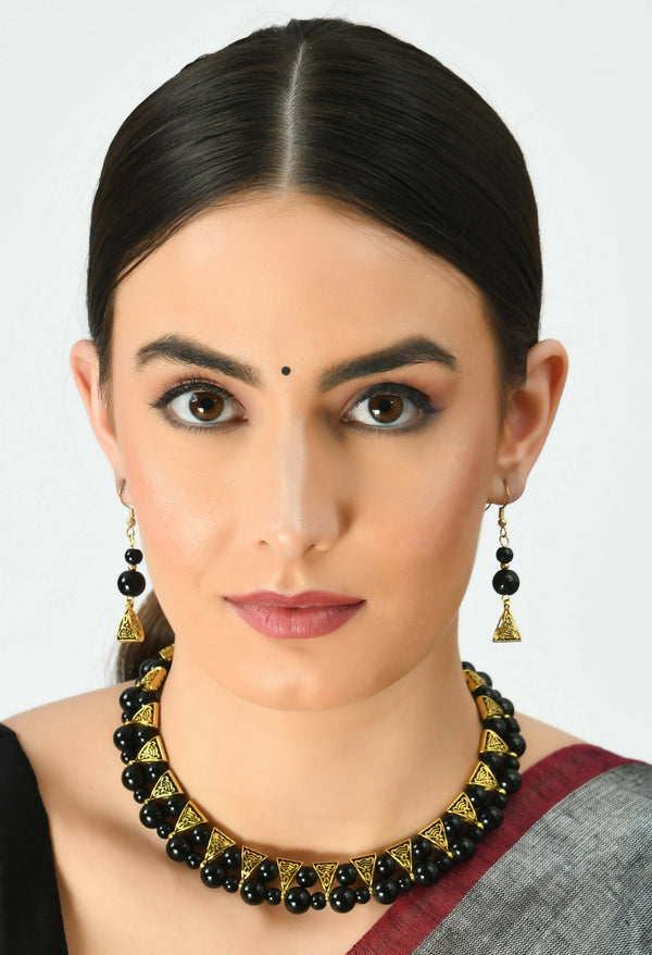 Mominos Fashion Johar Kamal Gold-Plated Brass Finish Pearls Work Choker For Women (Black) - Distacart