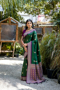 Thumbnail for Vishnu Weaves Women's Green Tussar Silk Zari Woven Saree with Blouse - Distacart