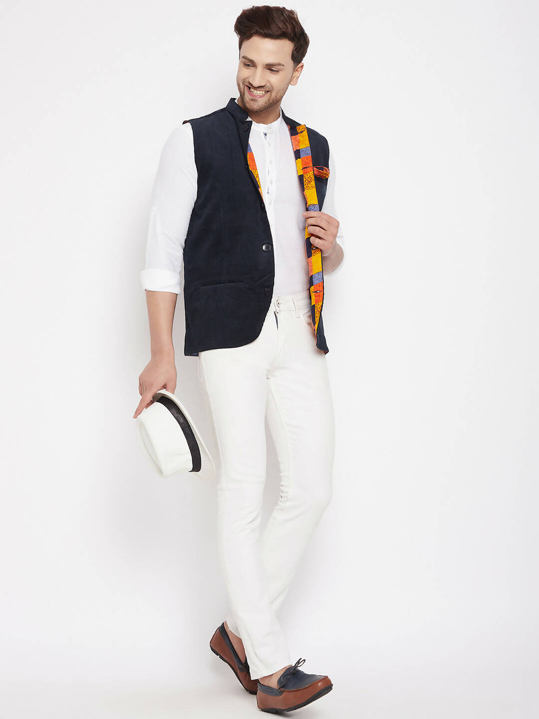 Even Apparels Navy Polyester Men's Nehru Jacket-Contrast Lining-Inbuilt Pocket Square - Distacart