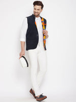Thumbnail for Even Apparels Navy Polyester Men's Nehru Jacket-Contrast Lining-Inbuilt Pocket Square - Distacart