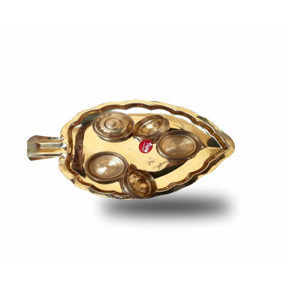 Leaf Shape Brass Tray with Haldi Boxes - Distacart