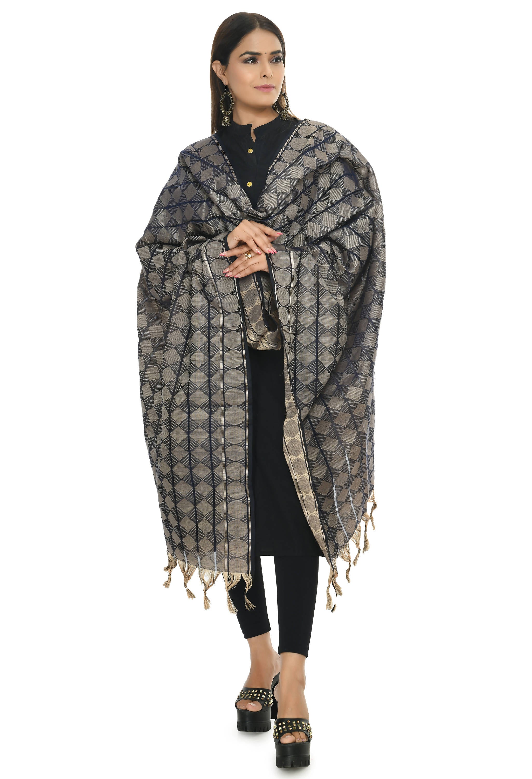 Mominos Fashion Moeza Beautiful Handloom Cotton Navy Blue Dupatta - Distacart