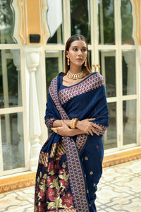 Thumbnail for Vishnu Weaves Women's Blue Cotton Silk Zari Woven Butta Work Saree with Blouse - Distacart