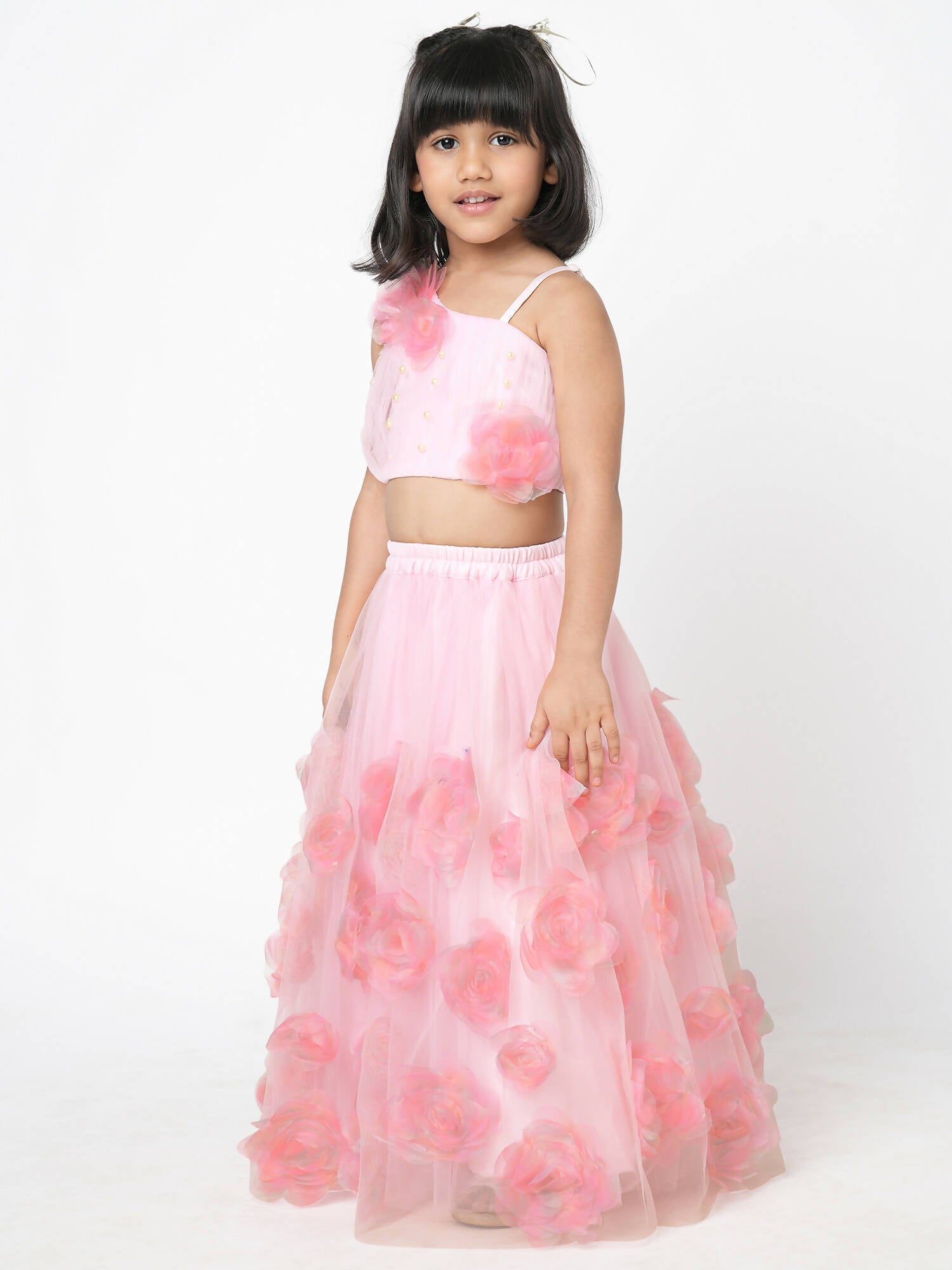 Lil Drama Paris Nights Girls Pink 3D Flower Embellished Lehanga Top - Distacart