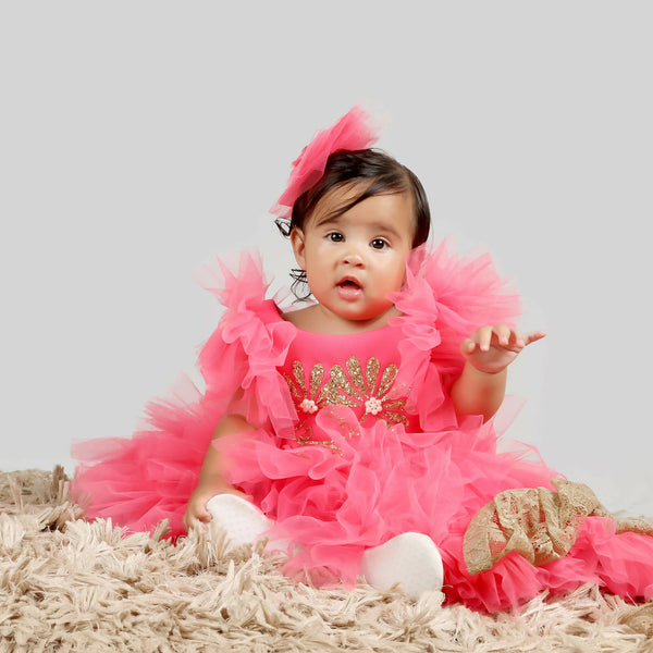 Pink Cow Fashions Pink Gown With Frill Sleeves & Ghera - Distacart