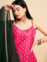 Thumbnail for Magenta Pink and Green Polyester Printed Kurta with Trousers & Dupatta - Vishwa - Distacart