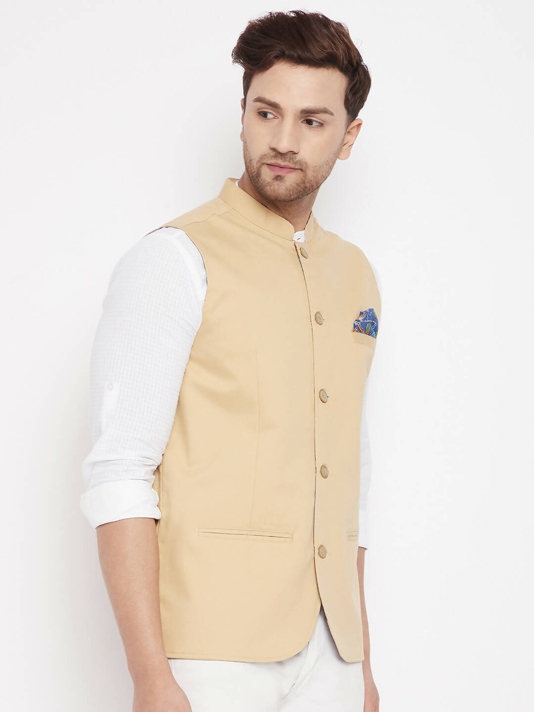 Even Apparels Beige Polyester Men's Nehru Jacket-Contrast Lining-Inbuilt Pocket Square - Distacart