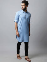 Thumbnail for Even Apparels sky Blue Color Pure Cotton Solid Men's Kurta With Shirt Collar (MMS503) - Distacart