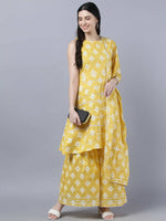 Thumbnail for Myshka Women Yellow Floral Pure Cotton Kurti with Palazzos With Dupatta - Distacart