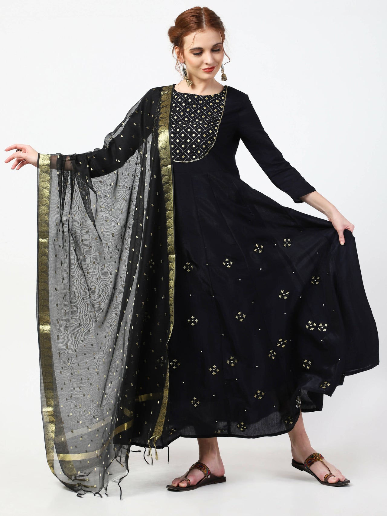 Cheera Embellished Party Wear Anarkali Dress with Dupatta - Black - Distacart