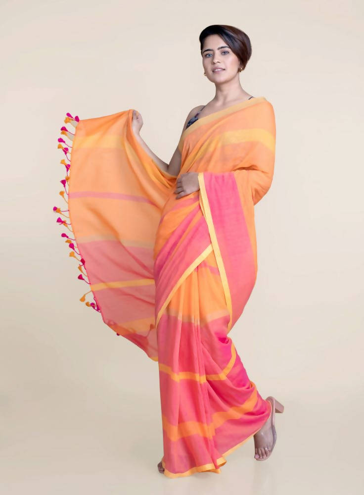 Suta Orange Pink Striped Mul Saree - Distacart