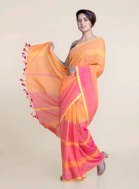 Thumbnail for Suta Orange Pink Striped Mul Saree - Distacart