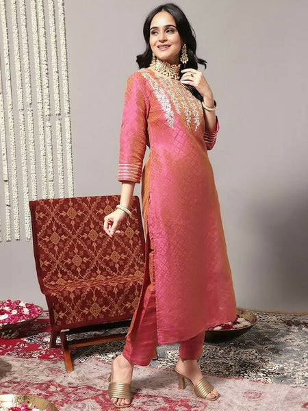 Varanga Thread Work Woven Design Regular Kurta with Trousers & Dupatta - Distacart