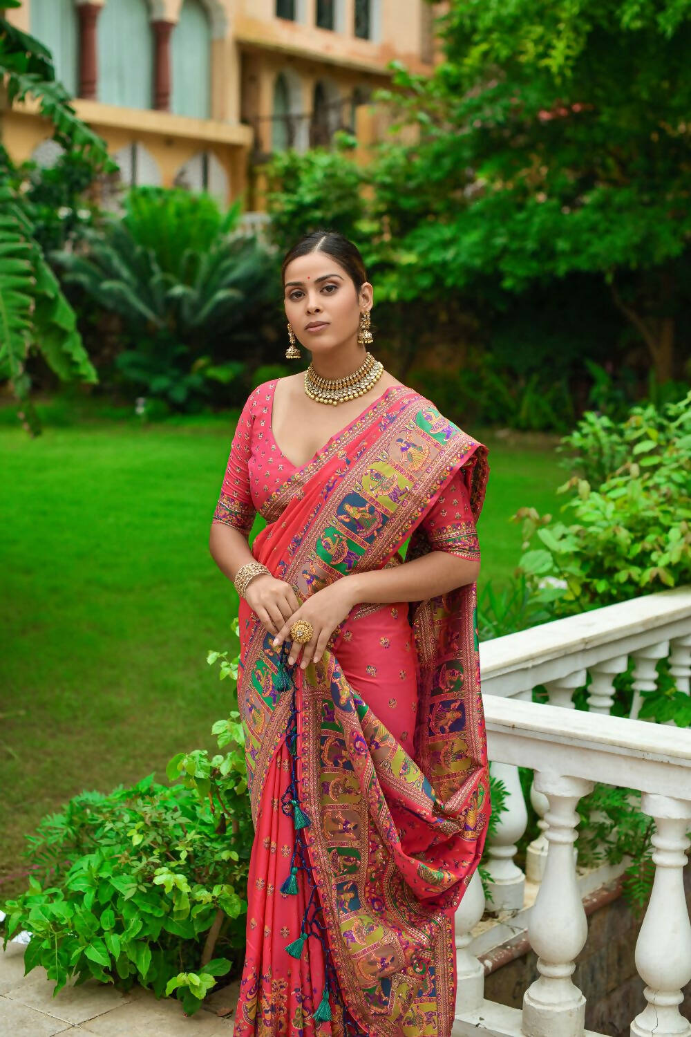Vishnu Weaves Women's Red Banarasi Silk Kashmiri Woven Saree with Blouse - Distacart
