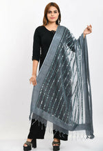 Thumbnail for Mominos Fashion Moeza Women's Orgenza Mirror Stripe Thread Work Grey Dupatta - Distacart