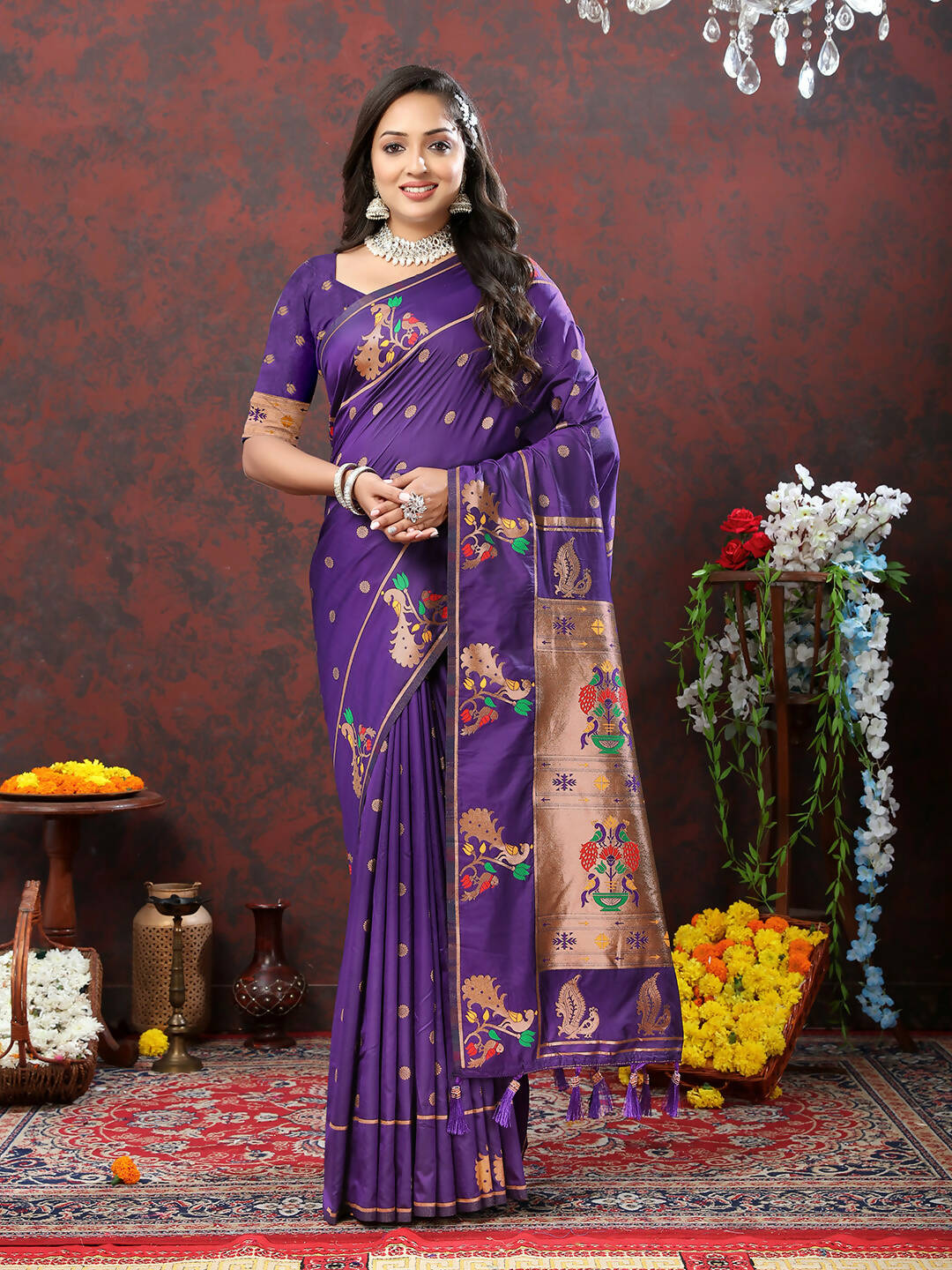 Lorenvalley Fashion Purple Soft Paithani Silk Woven Design Copper Zari Meenakari Weaving Saree - Distacart
