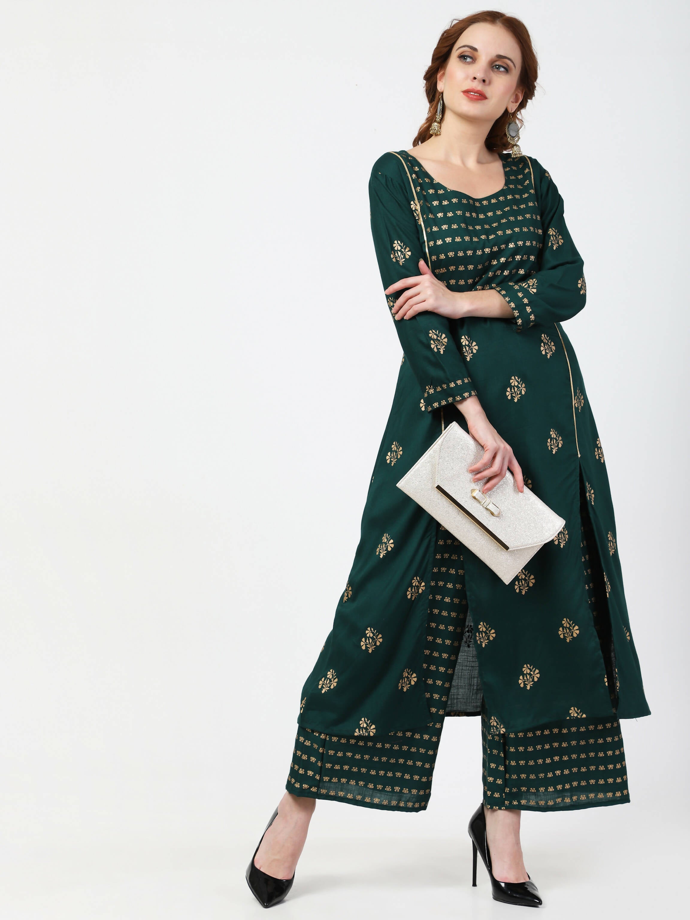 Cheera Embellished Daily Wear Cotton Blend Kurta With Palazoo - Bottle Green - Distacart