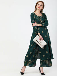 Thumbnail for Cheera Embellished Daily Wear Cotton Blend Kurta With Palazoo - Bottle Green - Distacart