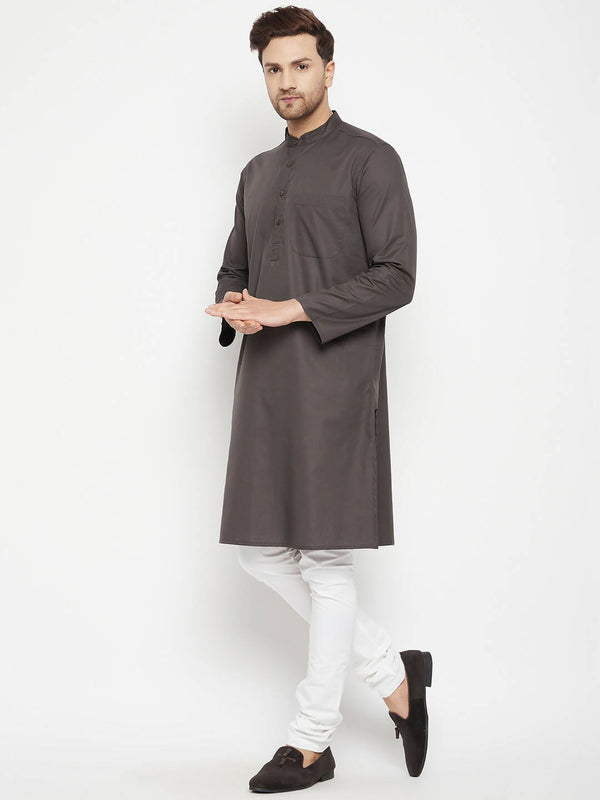 Even Apparels Brown Pure Cotton Long Men's Kurta With Band Collar - Distacart