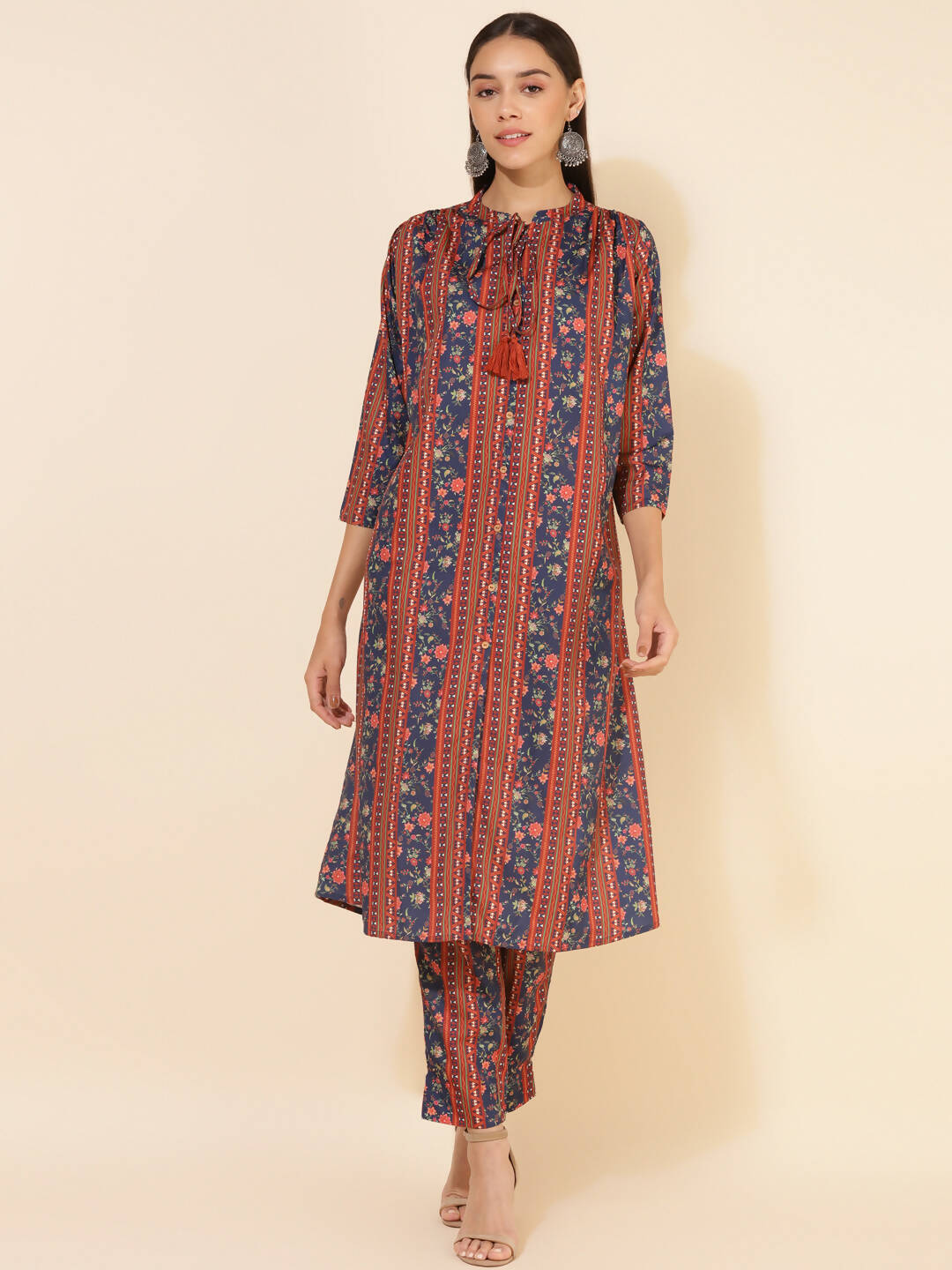 Janasya Women's Blue Crepe Digital Floral Printed Festive A-line Co-ords - Distacart