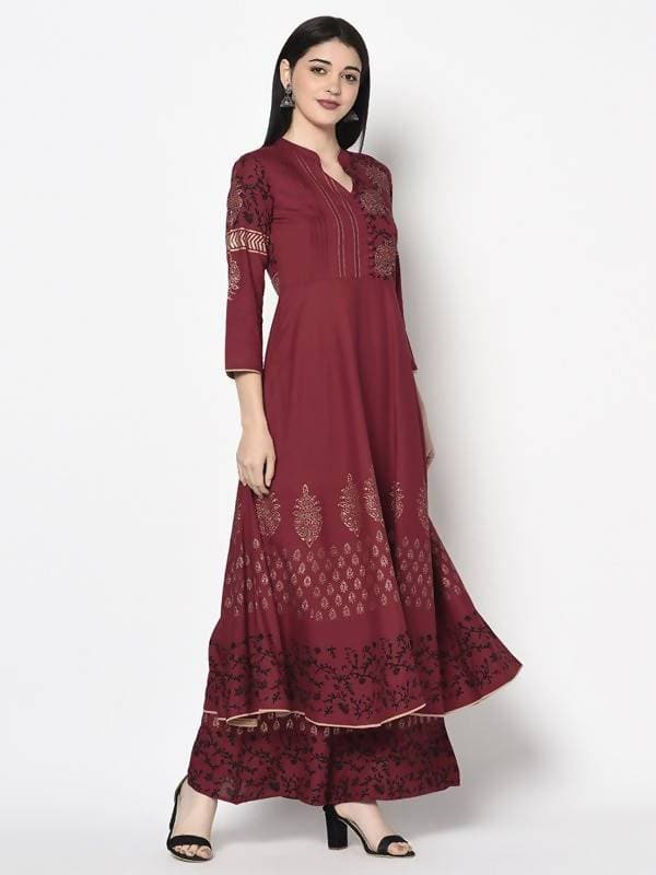 Aniyah Rayon Maroon Color Block Print Anarkali Palazzo Set (AN-181K)