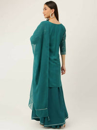 Thumbnail for FIORRA Women's Teal Green Crepe Straight Kurta Skirt With Dupatta - Distacart