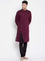 Thumbnail for Even Apparels Maroon Pure Cotton Men's Sherwani Kurta With Asymetrical Cut - Distacart