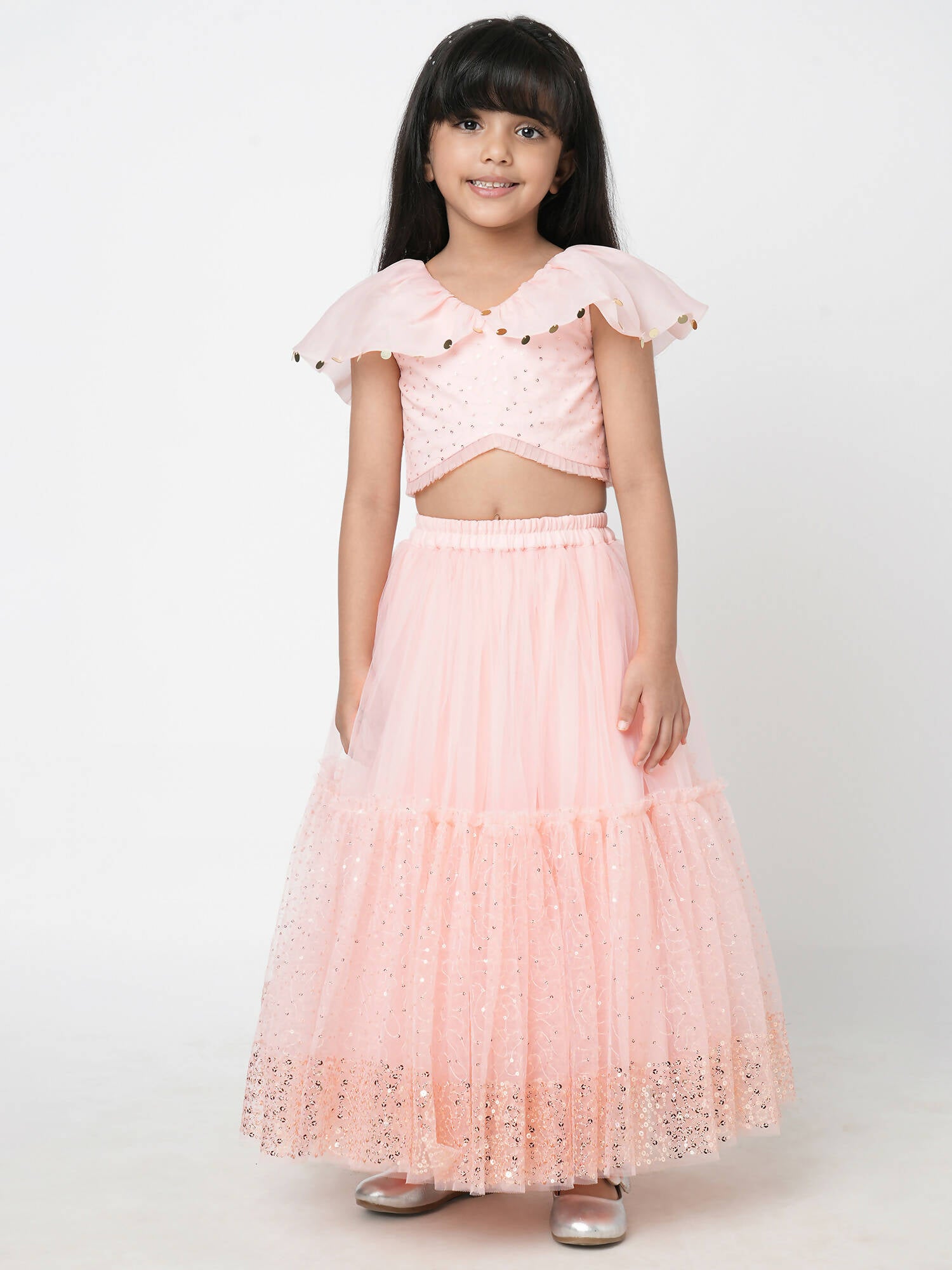 Lil Drama Paris Nights Girls Peach Sequin Embroidered Lehanga Choli - Distacart