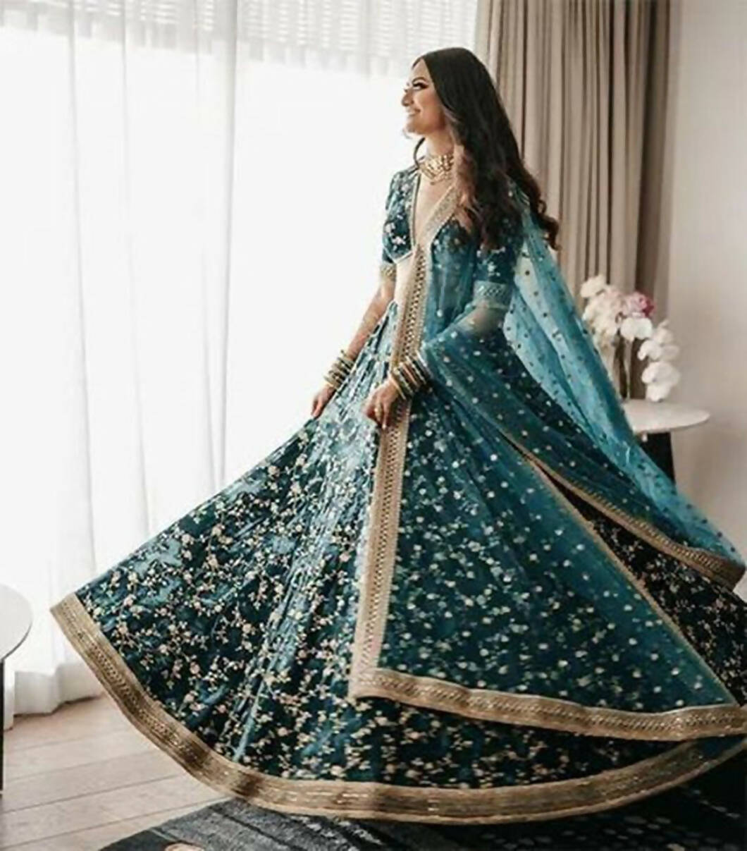 Aastha Fashion Women's Teal Green Cording & Sequence Embroidery Velvet Designer Lehenga Choli - Distacart