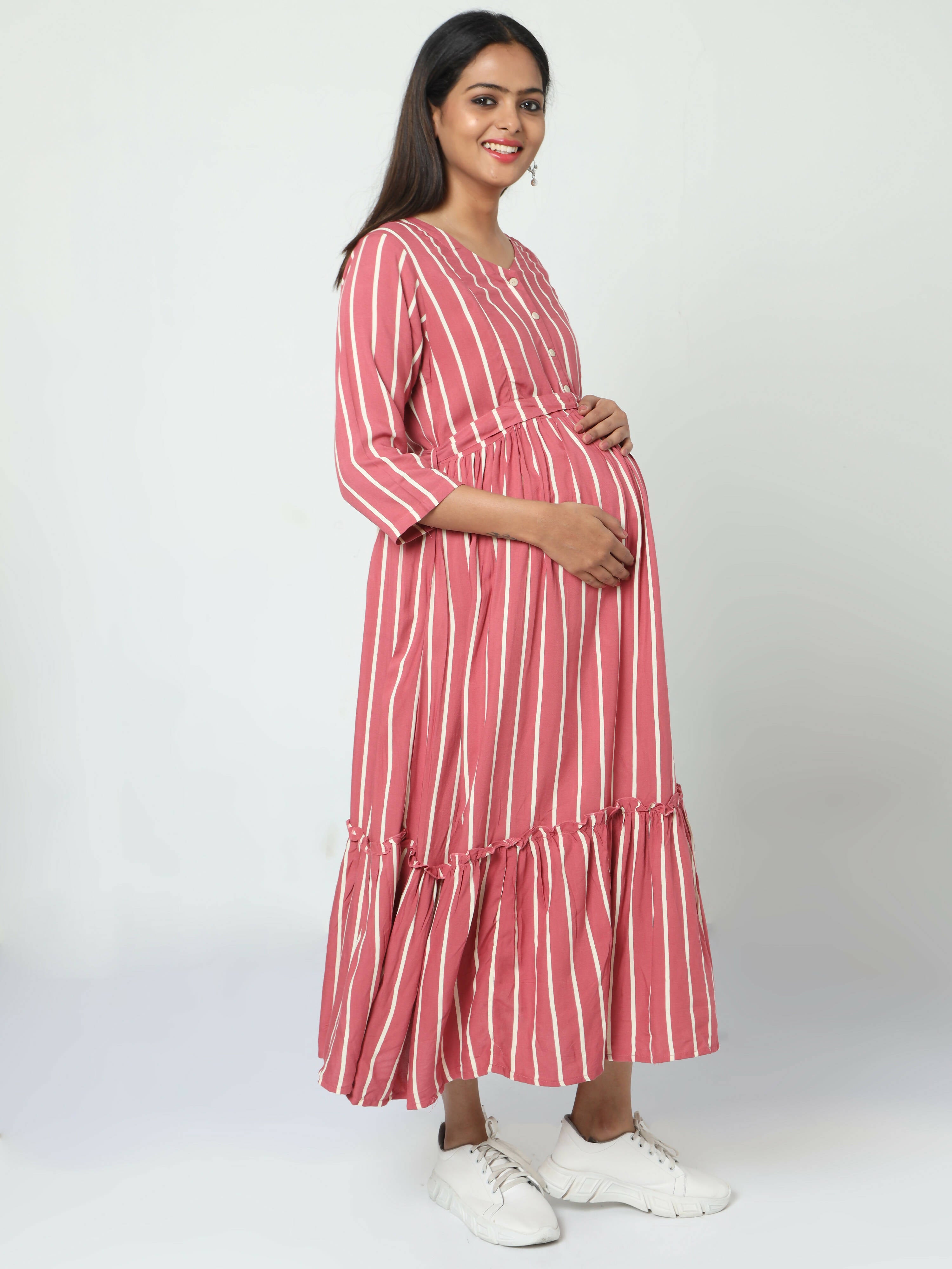 Manet Three Fourth Maternity Dress Striped With Concealed Zipper Nursing Access - Pink - Distacart