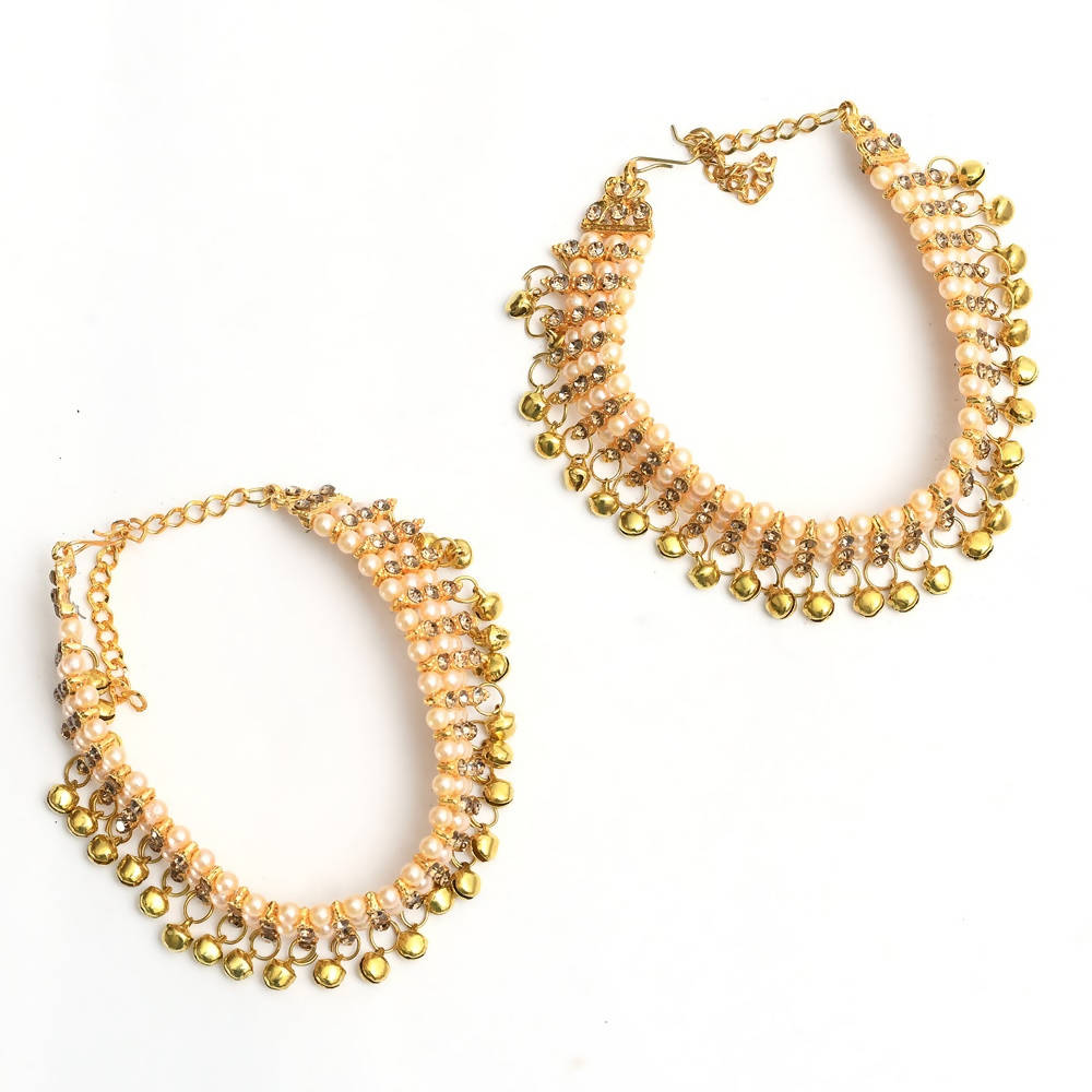 Mominos Fashion Kamal Johar Gold-Plated Pearls Anklets With Muvvas