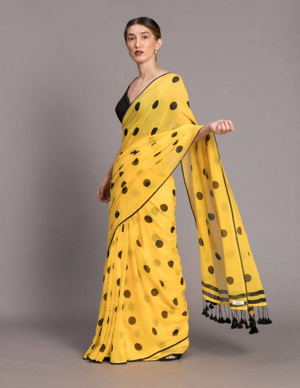 Suta Yellow and Black Polka Printed Pure Cotton Saree - Distacart