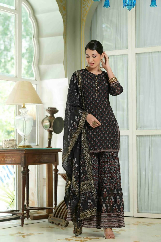 Juniper Black Georgette Festive Floral Print Straight Tunic-Sharara For Women - Distacart