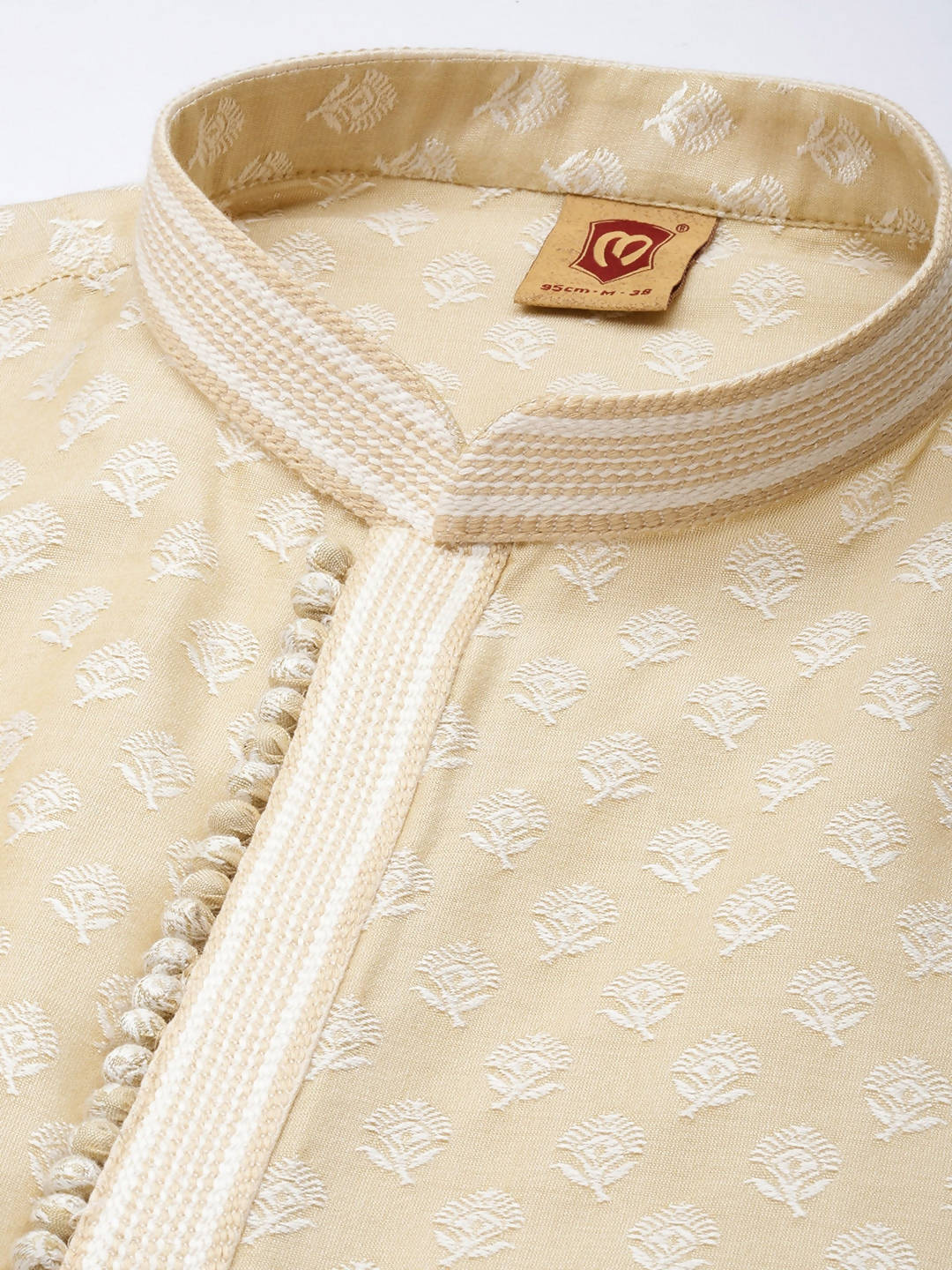 Manyavar Men Beige Ethnic Motifs Regular Thread Work Art Silk Jacquard Kurta with Churidar - Distacart