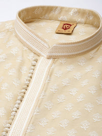 Thumbnail for Manyavar Men Beige Ethnic Motifs Regular Thread Work Art Silk Jacquard Kurta with Churidar - Distacart
