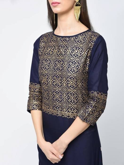 Aniyah Cotton Block Printed Navy Blue Latest Straight Kurta (AN-133K)