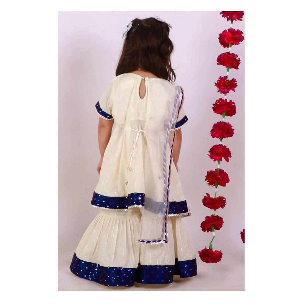 Little Bansi Cream and Indigo Mirror work Kurta Frock with Sharara and Dupatta