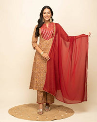 Thumbnail for FIORRA Women's Brown Cotton A-Line Kurta Pant With Dupatta - Distacart